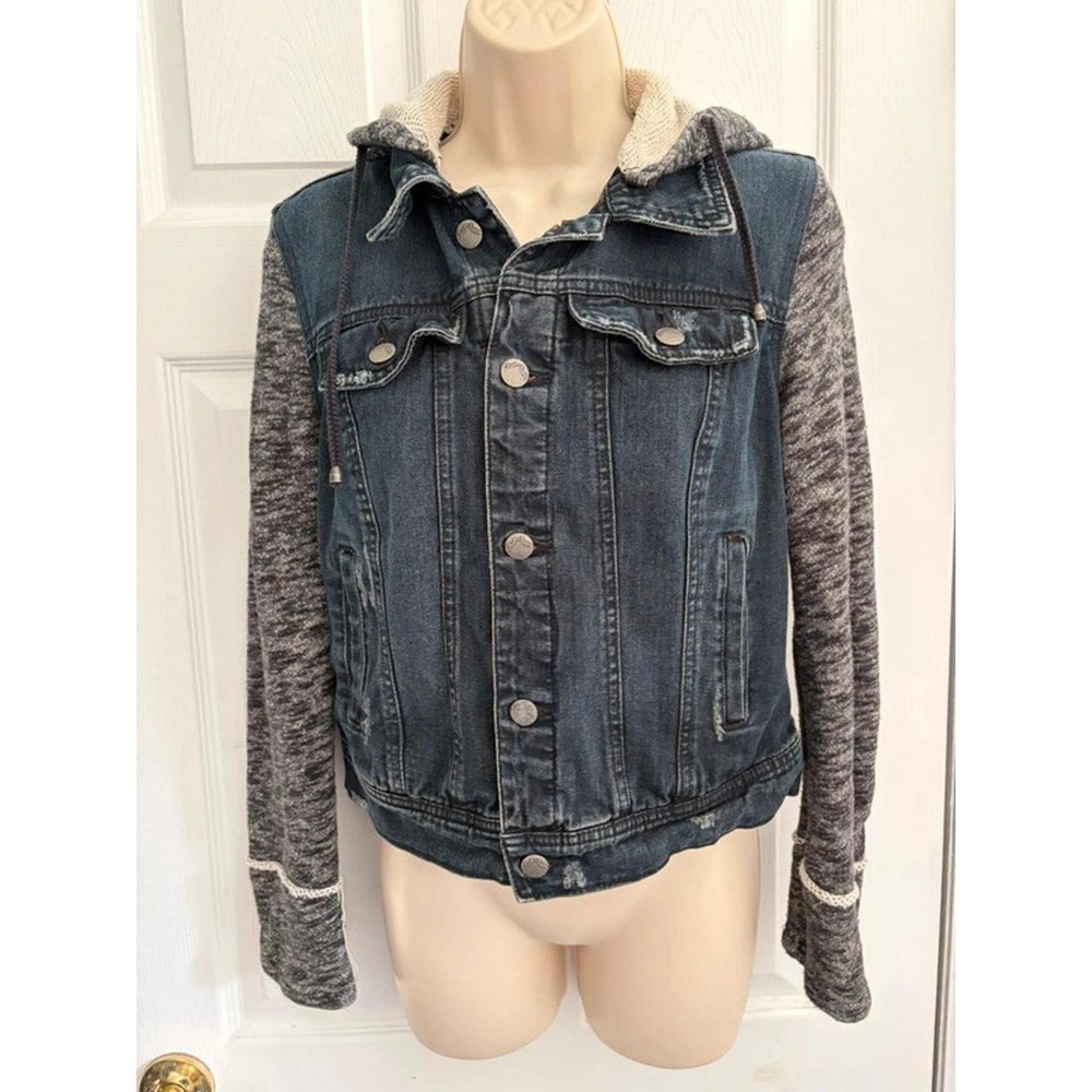 Free People Denim Jacket Hoodie Small Blue Distressed Knit Sleeve Boho Y2K - Picture 2 of 8